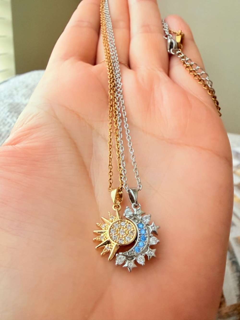 Gold and Silver Sun & Moon Pendant Necklace with Blue Accents - Picture 3 of 9